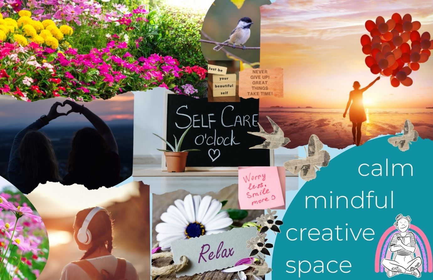 Collage of pictures including flowers, person holding balloons, person wearing headphones. The text on a chalk board picture states self care o' clock, the post it note text states, worry less, smile more. There is a picture of blocks of wood with text that states just be your beautiful self. There is a piece of paper with text that states relax.